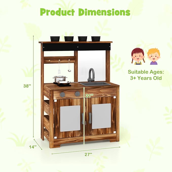 Costzon Mud Kitchen, Fir Wood Outdoor Play Kitchen with 4 Planting Pots, Faucet, Removable Sink, Stoves, Cooking Accessories, Kids Kitchen Playset for Backyard, Garden, Gift for Boys Girls 3+ (Brown)