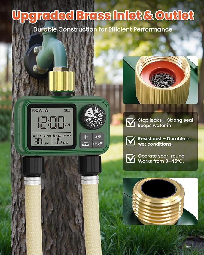 Water Timer for Outdoor Garden Hose, Sprinkler Timer for Garden Faucet with Auto/Manual/Rain Delay Mode, Sprinkler Irrigation Controller for Yard Lawn (2 Zones Brass Inlet & Outlet)