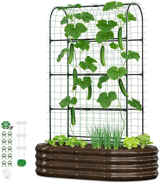 2 in 1 Galvanized Raised Garden Bed with 71" H Arch Trellis for Climbing Plants, Outdoor Gardening Planter Box with Climbing Net for Flowers Vegetables Fruits Herbs, Wood Grain