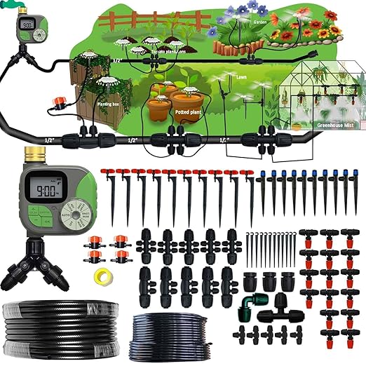 160Ft Drip Irrigation System for Garden with Water Timer, Main Water Hose ID 1/2inch 32Ft, 1/4in 131Ft, Sufficient Water Pressure, Irrigation Dripper Waterflow Evenly, Easy DIY Garden Watering System