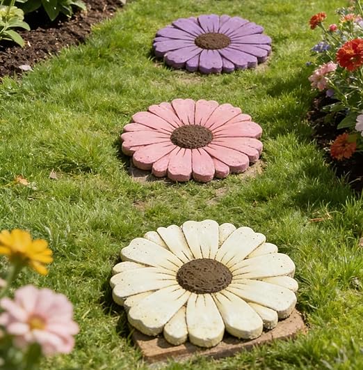 Heavy Duty Concrete Stepping Stone 10 Inch Daisy Design, Non Slip Garden Pathway Stone for Outdoor Walkway Yard Patio Lawn (White)