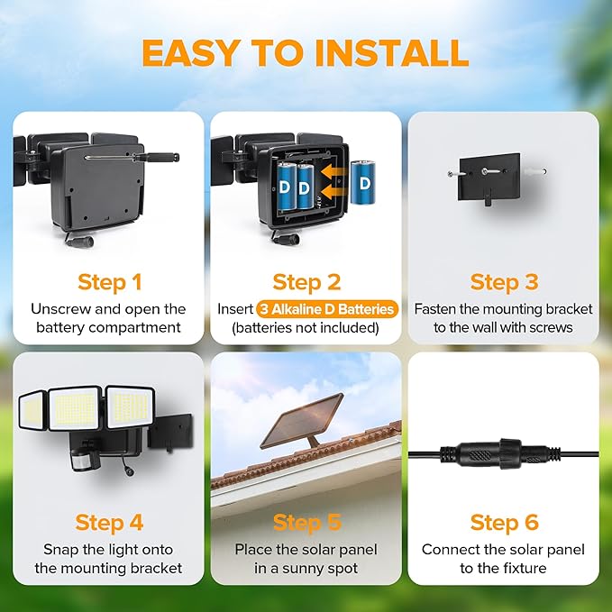 UME Hybrid Solar and Battery Powered Motion Sensor Outdoor Lights, 302 LED 1800LM, IP65 Waterproof, 3-Head Motion Activated LED Flood Lights, Energy Efficient Hybrid Security Light for Garden, Patio