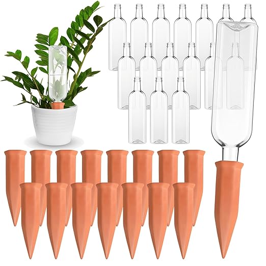 Dandat 32 Pcs 34oz Plant Watering Devices Include Terracotta Self Watering Spikes with 1000ml Plastic Bottles Slow Release Vacation Insert Automatic Plant Waterer Self Water Planter for Garden