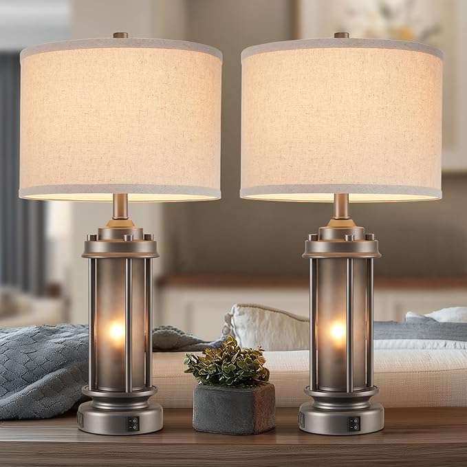 AIEAMPDO Set of 2 Farmhouse Bedroom Table Lamps with 2 USB C+A Ports | Rustic Vintage Design With Amber Glass Nightlight. Table Lamps For Living Room, End Table And Entryway, 4 Bulbs Included