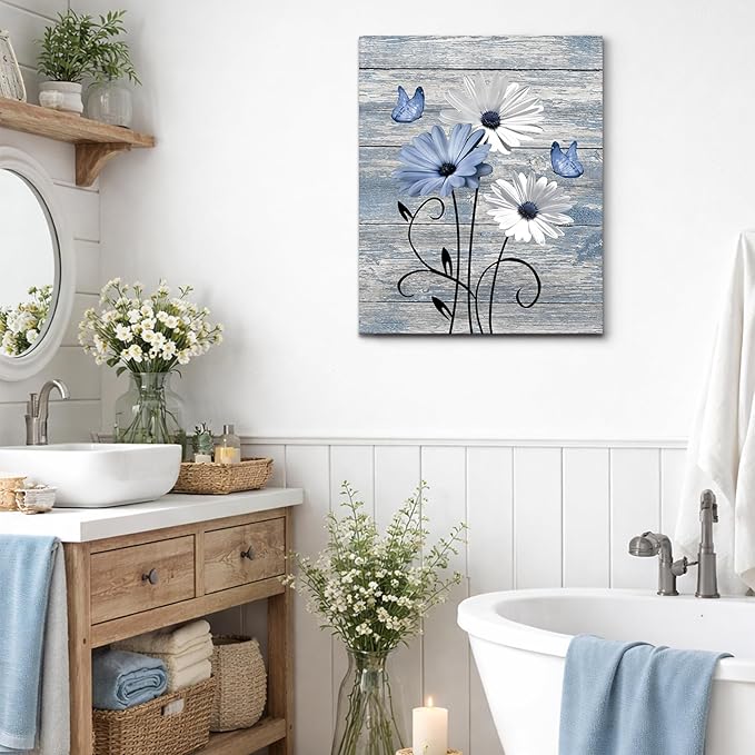 MYUSRE Farmhouse Blue Floral Canvas Wall Art, 16L X 12W Inch | Rustic Wood Daisy Butterfly Framed Wall Art Country Flower Pictures Wall Decor Ready to Hang