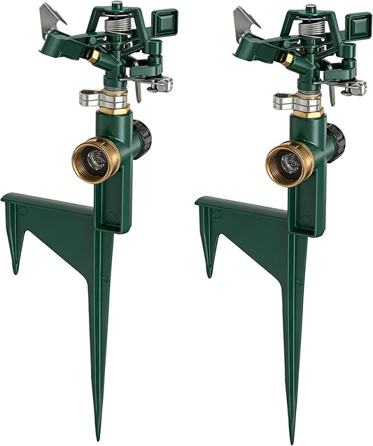 Hourleey 2 Pack Impact Sprinklers for Yard, Adjustable Pulsating Water Sprinkler Head on Step Spike, Zinc Alloy Lawn Sprinkler for 360 Degree Large Area Patio Garden Irrigation