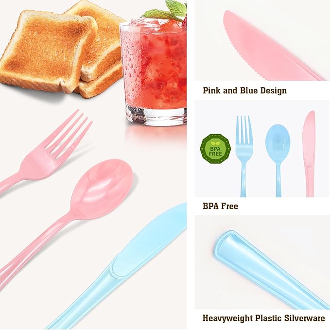 50 Pcs Pink and Blue Plastic Forks Heavy Duty Plastic Cutlery Sets 25 Pink Forks and 25 Blue Forks for Birthday Baby Shower Gender Reveal