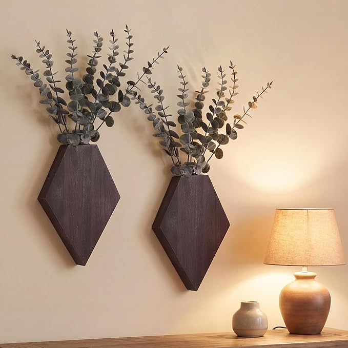 Chunful 2 Pcs Wooden Wall Planter Decor Hanging Fake Plants Greenery Flowers Holder Vase Boxes for Wall Bohemian Farmhouse Room Kitchen Office Indoor Decoration(Brown,7.1 x 4.7 x 1.2 Inches)