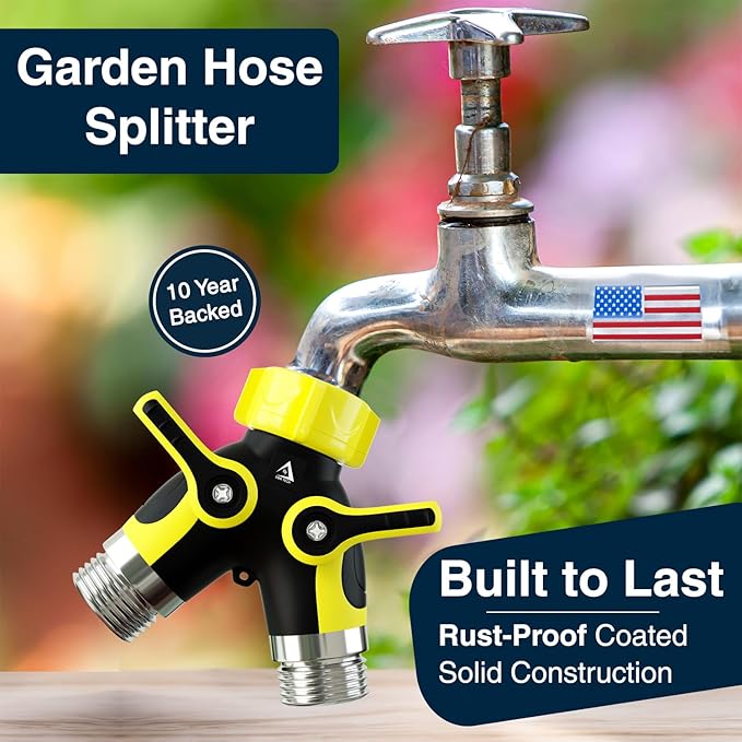 DBR Tech® Hose Splitter 2 Way, Heavy Duty Metal Connector, Two Way Garden Hose Splitter, High Flow Spigot Faucet Bib Adapter, Solid Double Y Shut Off Valve for Outdoor Gardening Hoses, Yellow