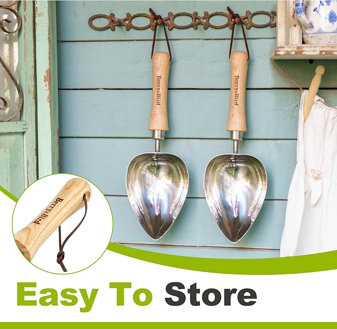 Berry&Bird Garden Oversized Soil Scoop, Stainless Steel Gardening Trowel with Wood Handle Multi Function Hand Shovel Spade Spoons for Transplanting, Planting & Cultivation