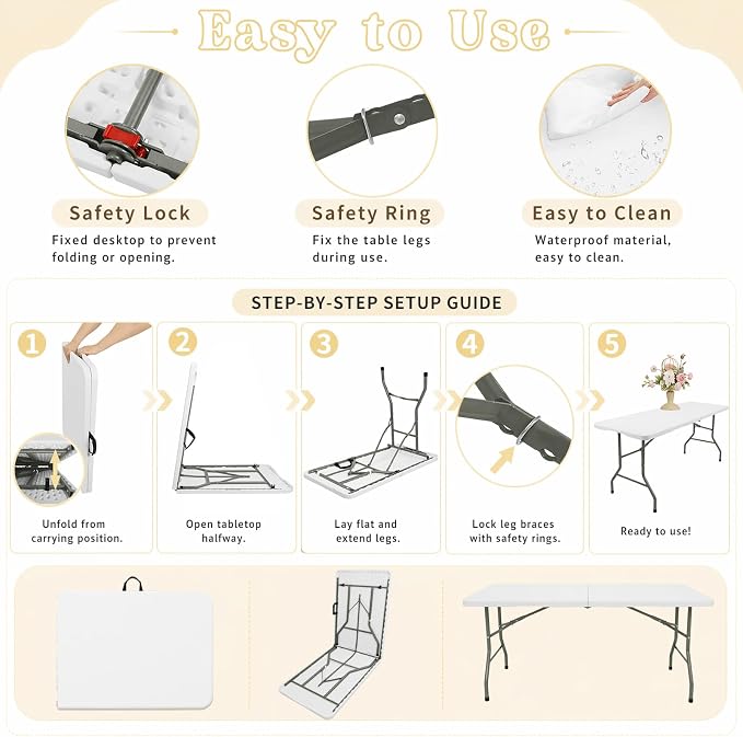 HAISIWLKJ Folding Table 5 FT Camping Table Portable Heavy Duty Plastic Rectangular Outdoor Dining Table Steel Legs Fold-in-Half with Carrying Handle for Indoor,Picnic,Party,Wedding,Events(White)
