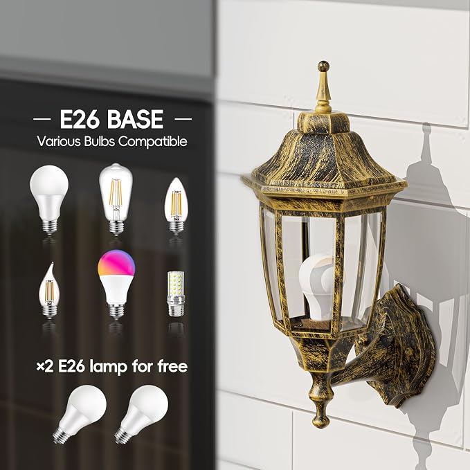 EMART Outdoor Front Porch Light, Exterior Anti-Corrosion, Waterproof Aluminum & Glass Shades Wall Lamp Fixture, Modern Sconce Lantern for Outside, House, Garage - 2 Pack, Gold （Bulb Included）