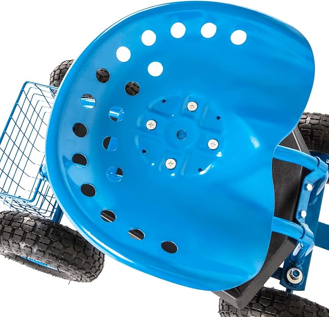 Peach Tree Garden Cart Rolling Work Seat Outdoor Utility Lawn Yard Patio Wagon Scooter for Planting, Adjustable Handle 360 Degree Swivel Seat Blue