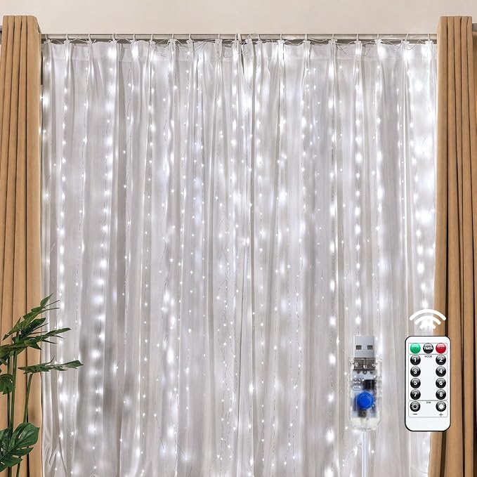 Brightown 300 LED Fairy Curtain Lights, 9.8ft x 9.8ft String Lights, USB Plug in 8 Lighting Modes Christmas String Hanging Lights with Remote for Bedroom Indoor Outdoor Party Xmas White 1 Pack