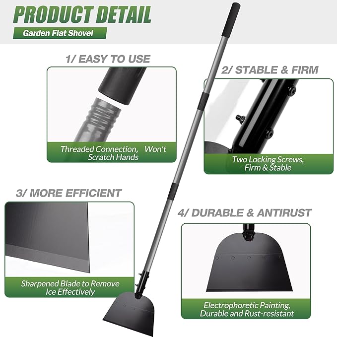Walensee Flat Shovel, Heavy Duty Floor Scraper Long Handle for Weeding, Moss Removal, Lawn Edging & Outdoor Cleaning, Metal Garden Cleaning Shovel Scraper for Patio, Driveway, Sidewalk, Yard