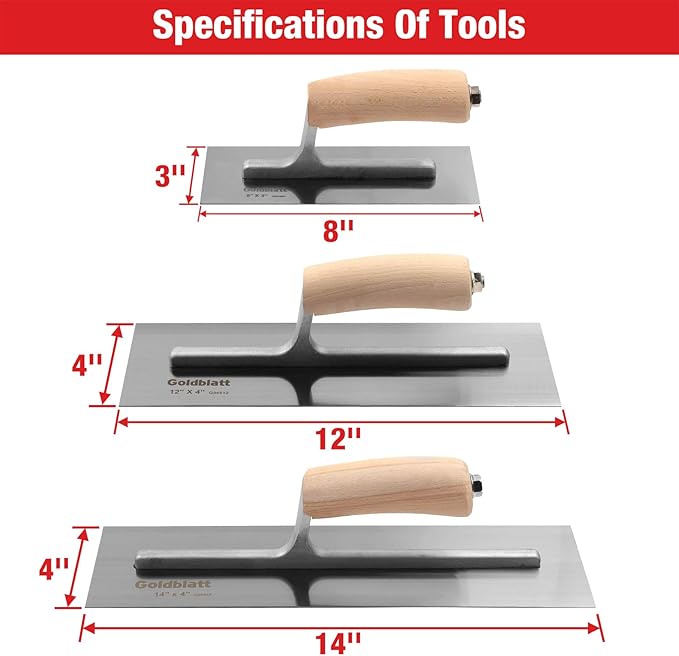 Goldblatt 3 Pieces Drywall Trowel, Carbon Steel Finishing Masonry Trowel Set Includes 14'' x 4'', 12'' x 4'', 8'' x 3'', Lightweight Wood Handle, Plastering Trowel for Sheetrock Wallboard Plasterboard