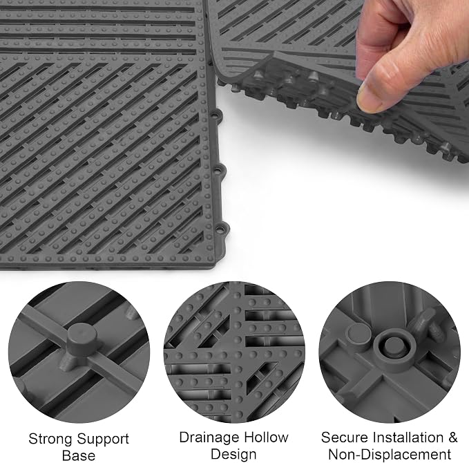 MYFAMIREA Modular Interlocking Cushion 12 Pack 11.8" x 11.8" Rubber Floor Tiles Non-Slip Splicing Drainage Mats for Deck, Pool, Shower, Patio, Balcony, Bathroom, Kitchen, Yard (1 Rows Dots, Dark Gray)