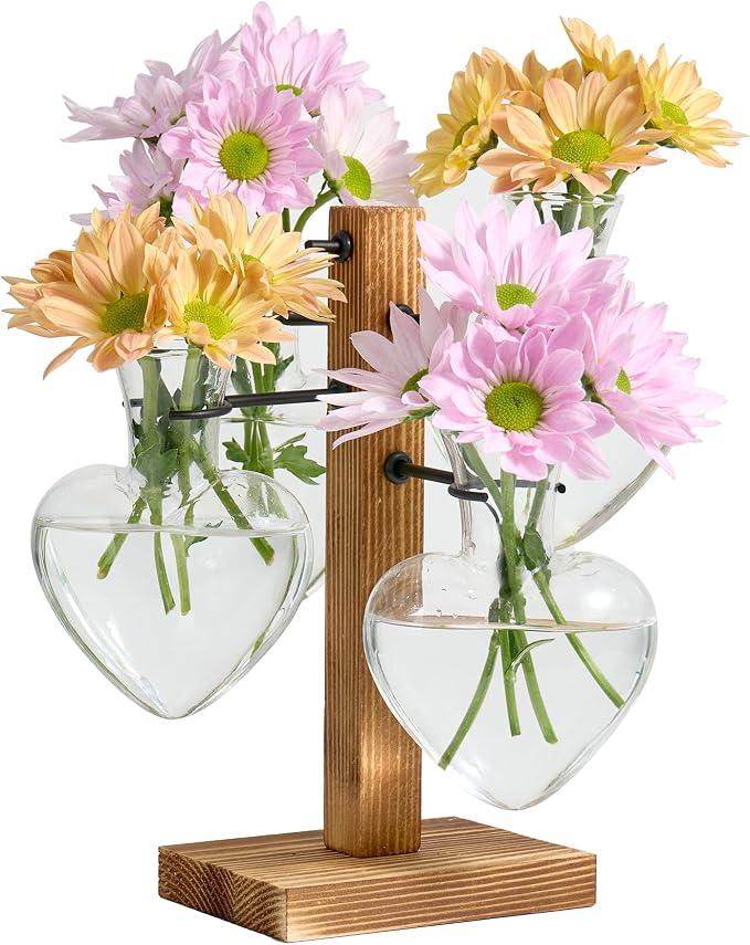 Plant Propagation Stations with Wood Stand, Plant Terrarium for Home Office Garden Decor, Gardening Gifts for Plant Lovers, 4 Glass Propagation Vases (Love Shape)