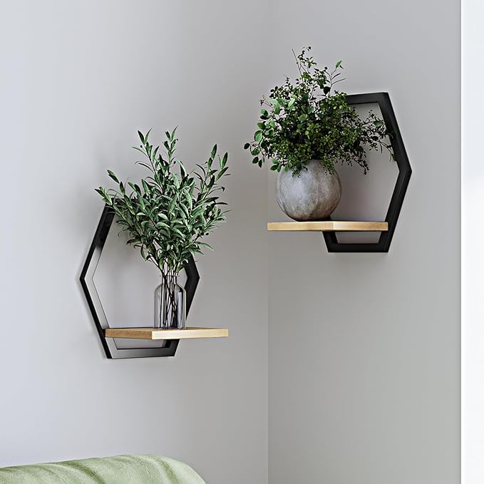 2 Pack Solid Wood & Metal Framework Wall Plant Stands,9 inch Natural Wood Shelf of Indoor,Mid Century Modern Hanging Planter for Outdoor Entryway 25 LB Load for Plants Black