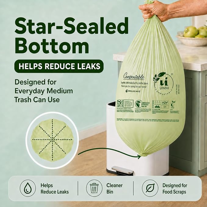 UNNI Compostable Trash Bags, 8 Gallon / 30 Liter, 200 Count Value Pack, Extra Thick 0.85 mil Medium Kitchen Food Scrap Bin Liners, BPI, CMA & OK compost HOME Certified (Meets ASTM D6400)