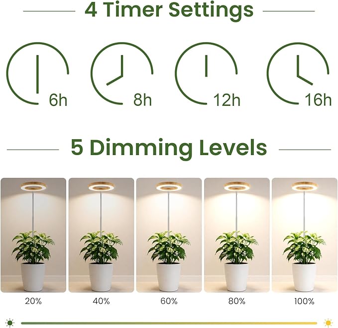 LBW Grow Lights for Indoor Plants, 6.3" Full Spectrum Plant Light with Base, 65" Height Adjustable Grow Lamp, 6/8/12/16H Auto Timer, 3 Colors, 5 Dimmable Levels, for Tall Large Plants, Bamboo Grain