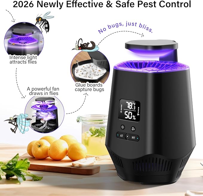 Fruit Fly Traps for Indoors, Smart Fly Trap Indoor Bug Zapper Gnat Traps for House Indoor with Temperature and Humidity Sensor, 10PCS Sticky Boards Black 0