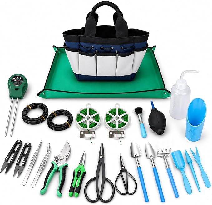 25 Pcs Succulent & Bonsai Tools Set for Beginners, Indoor Plant Care Tool Set with Repotting Mat, Organizer Tote, Soil Moisture Meter, Pruning Shears, Mini Garden Tools, Gardening Gift for Women Men