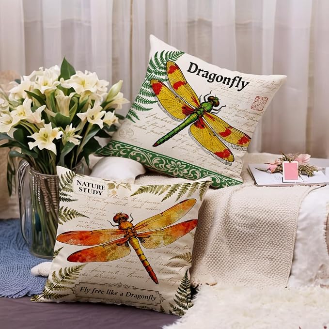 7COLORROOM Vintage Dragonfly Throw Pillow Covers 18x18 Inch,Watercolor Dragonfly Nature Theme Pillowcases Spring Country Style Home Decor Cushion Cases 4Pack,for Sofa Couch Porch Patio (Green)