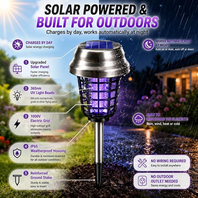 2026 Mosquito Repellent Outdoor Patio Solar Bug Zapper Outdoor Mosquito Zapper for Moths,Gnats,Flies,Small Flying Insect,Gnat Killer for Vegetable Beds,Electric Fly Zapper for Backyard,Garden 4Pack