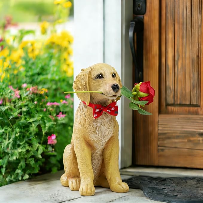 Dog Valentine Day Decorations Outside - Rose Garden Statues, Seasonal Outdoor Decor for Yard, Patio, Front Porch, Waterproof Resin Dog Figurine, Valentine's Season Gift for Lovers Memorial 11x5.5x13IN