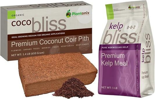 Coco Coir Brick (650gms) + Kelp Bliss (1lb) - Organic Coco Coir for Plants & Kelp Meal Organic Fertilizer - Cocopeat Coconut Coir Brick - Kelp Fertilizer for Plants - Garden Soil & Potting Soil Mix