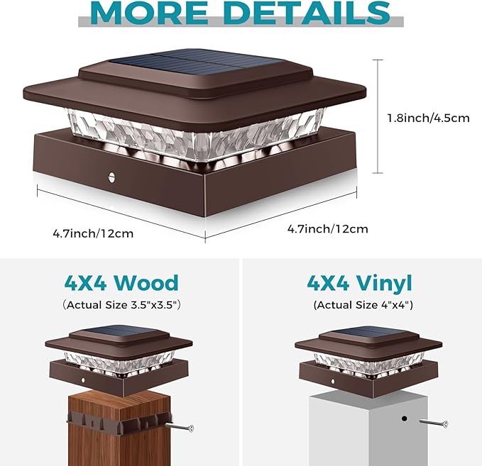 kolpop 4x4 Solar Post Cap Lights Outdoor 12Pack- 3 Color Temperatures&2 Level Brightness, IP65 Waterproof, 16 LED Fence Deck Post Light Solar Powered Only for 4×4/3.5×3.5 Wood/Vinyl Posts(Brown)