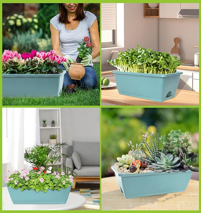 LOCONHA Window Box Planter, Plastic Vegetable Flower Planters Boxes 17 Inches Rectangular Flower Pots with Saucers for Indoor Outdoor Garden, Patio, Home Decor (7, Sky Blue)