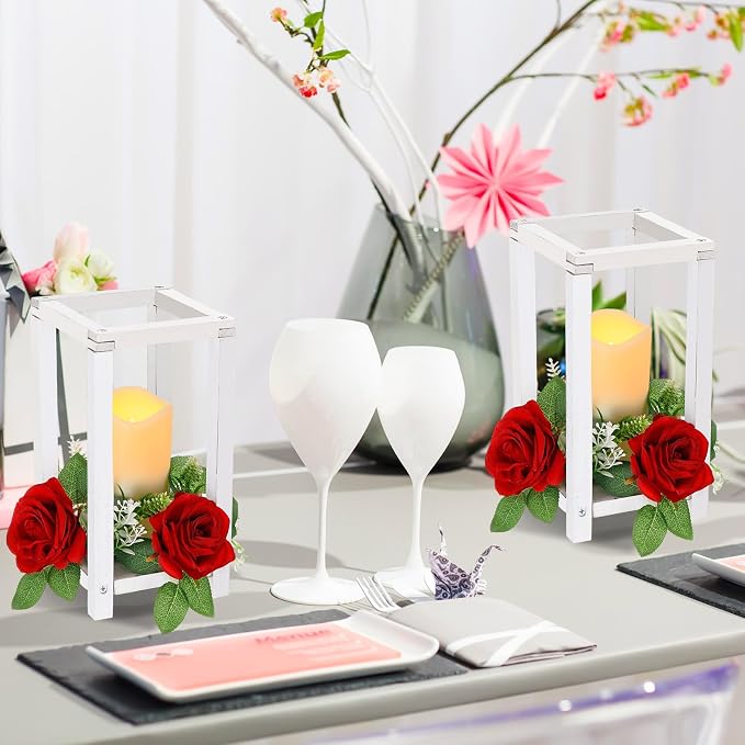 Hushee 30 Pcs Integrated Wedding Lantern Centerpiece Rustic Wooden Holder with Candles and Rings Farmhouse Candle Lantern Decor for Home Valentine Wedding Party Table Decor (White and Red)