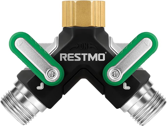 RESTMO 2 Way Garden Hose Splitter Heavy Duty Full Metal Body, Full Flow Design with Oversized Ball Valve, Y Outdoor Faucet Spigot Adapter with Extended Levers, 3/4" GHT Thread - Green 1 Pack