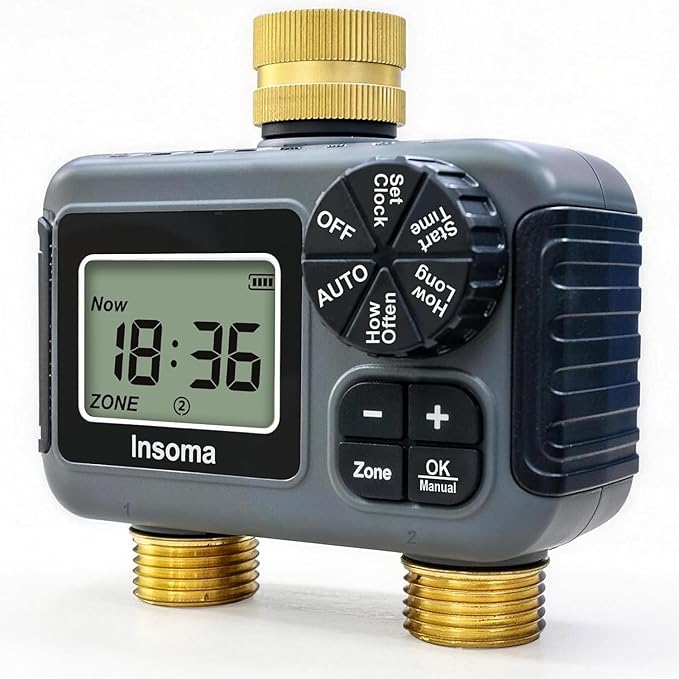 Insoma Water Timer 2 Zone, Programmable Irrigation Sprinkler Timer for Garden Hose, Outdoor Hose Faucet Timers with Rain Delay/Manual/Auto Modes, IPX5 Waterproof for Drip System & Lawn