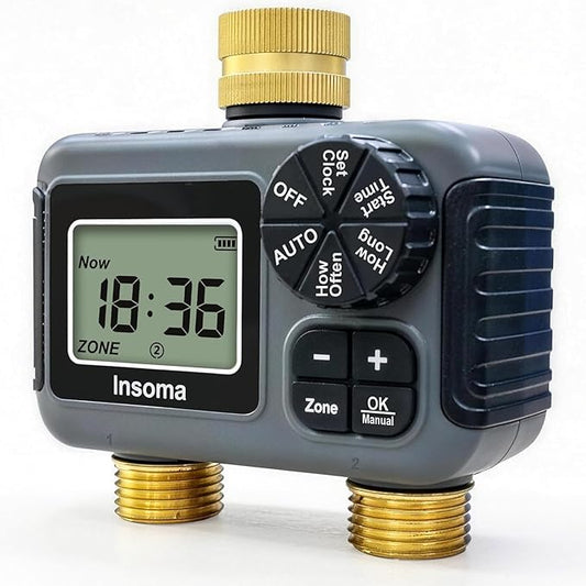 Insoma Water Timer 2 Zone, Programmable Irrigation Sprinkler Timer for Garden Hose, Outdoor Hose Faucet Timers with Rain Delay/Manual/Auto Modes, IPX5 Waterproof for Drip System & Lawn