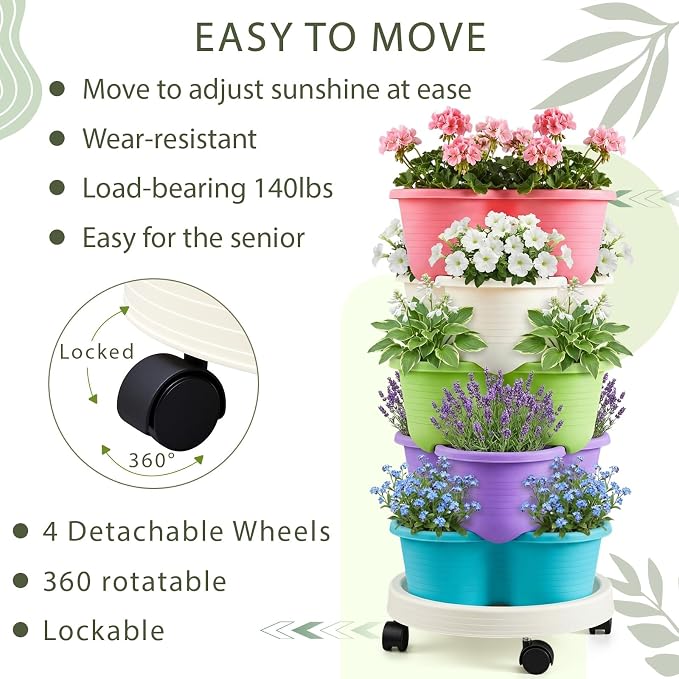 Umigy 2 Set Multicolor 5 Tier Stackable Vertical Planters with Removable Wheels and Tools Tower Planters Herb Flower Strawberry Vegetable Pots Indoor Outdoor Gardening Pots