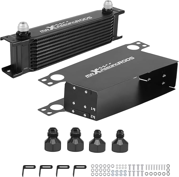 maXpeedingrods 10 Row Oil Cooler, 10AN Stacked Plate Transmission Engine Oil Cooler Universal British Radiator Aluminium Black