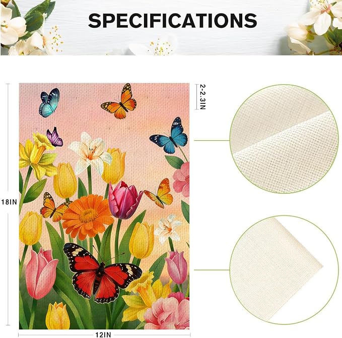 Spring Summer Tulip butterfly Welcome Garden Flag 12x18 Inch Double Sided Colorful Floral Outside Flag for Burlap Holiday Farm house Yard Flag Outside Decoration