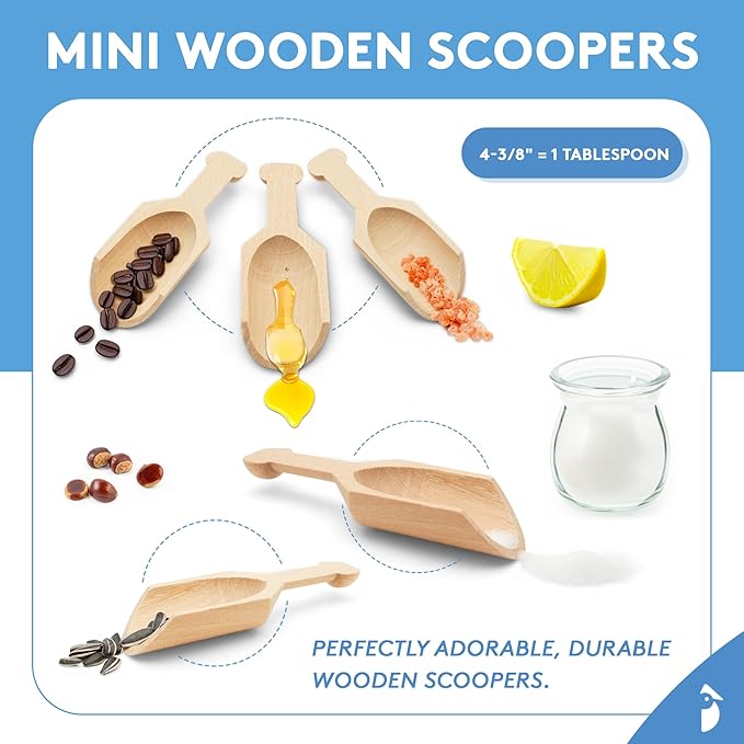Small Wooden 1 Tablespoon Scoops for Food Canisters & Jars, Table Spoons Measuring Spoon, Wood Manuka Honey Bath Salts, & Coffee Scoop, Mini Candy Scoops for Candy Buffet, Pack of 15 by Woodpeckers