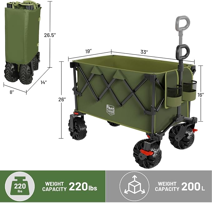 TIMBER RIDGE Outdoor Collapsible Folding Wagon with Brakes and Cup Holders, 500lbs Heavy Duty All Terrain Wheels Utility Cart for Shopping Camping Garden Sports, Green