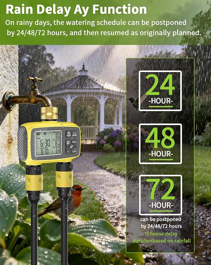 Hose Timer 2 Outlet, 2 Zone Programmable Sprinkler Timer with Rain Delay & Manual Mode, Heavy Duty Digital Timer for Garden Hose, Auto Irrigation Controller for Lawn, Yard & Drip Irrigation Outdoor