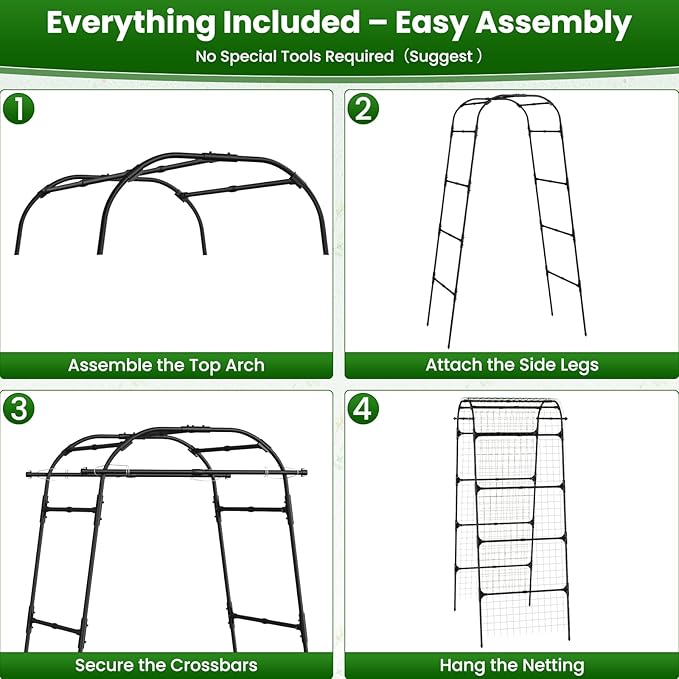 7.2FT Garden Arch Trellis for Climbing Plants, Heavy Duty 66" Wide Walk-Through Metal Arch with Netting, Wind-Resistant Vertical Garden Support for Cucumbers, Roses, Beans, Squash (33" Arch)