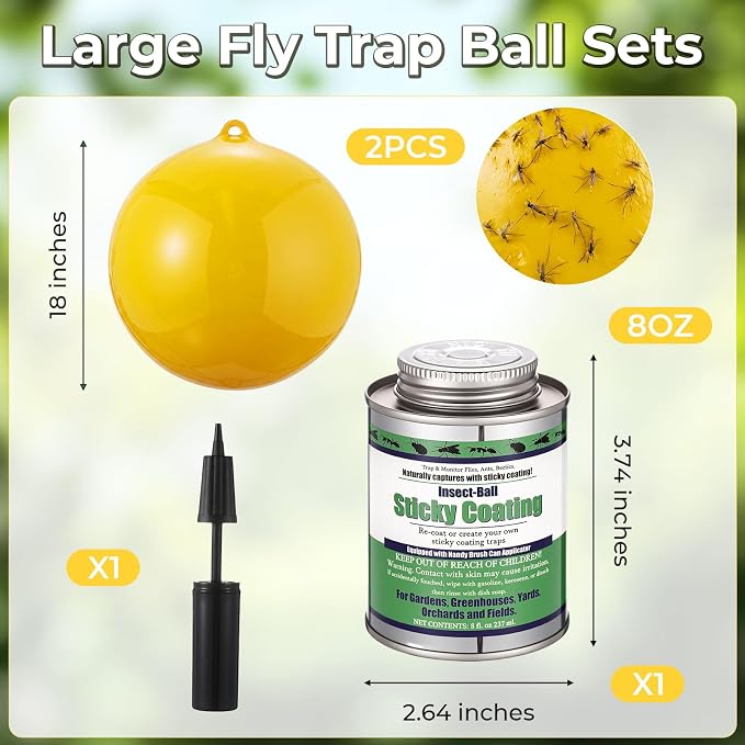 2 Pcs Large Fly Trap Balls Hanging Fruit Fly Traps Outdoor Adhesive Insect Balls with Sticky Coating Glue Air Pump Insect Catch Sticky Bug for Farm Orchard Hornet Deerflies Mosquito (Yellow)