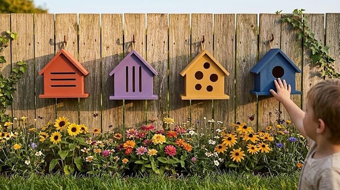 DIY Paintable Craft Kit – 12 Pack Wooden Bird, Bee, Insect & Butterfly Houses for Kids and Adults | 4 Styles, Bulk Set, Outdoor Pollinator Garden Habitat