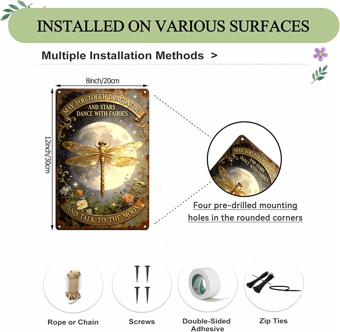 2D Flat Funny Garden Signs, Touch Dragonflies And Dance With Fairies Vintage Garden Decor, Outdoor Wall Decor for Patio Yard Greenhouse, Waterproof Dragonfly Gift for Home 8x12 Inch