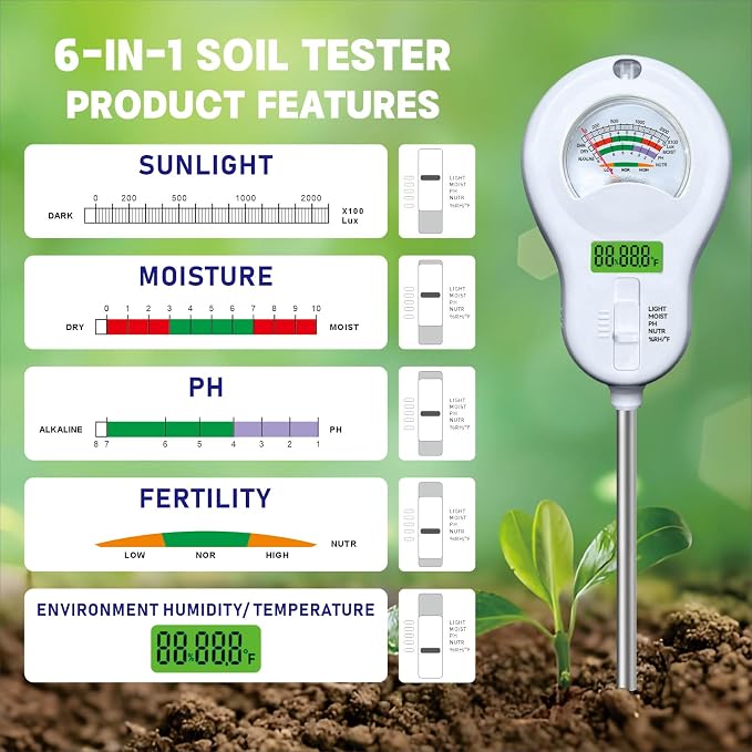 6-in-1 Soil Moisture Meter Soil PH/Soil Moisture/Plant Temperature/Humidity and Sunlight, Soil Test Meter, Agriculture Tools for Garden, Lawn, Plant Care, Farm and Indoor Outdoor Plants