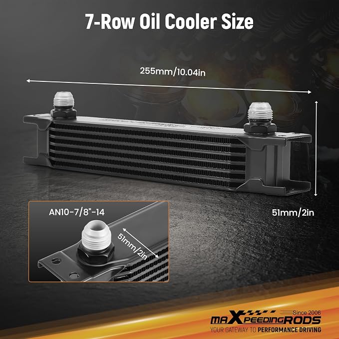 maXpeedingrods 7 Row Oil Cooler Kit, 10AN Transmission Engine Cooler British Radiator Universal Aluminium Black, Banjo Fittings Oil Filter Sandwich Adapter, Air Guide Kit and Oil Cooler Hoses