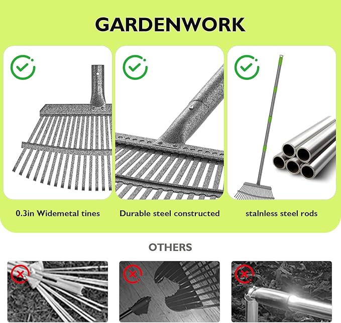 GARDENWORK Leaf Rake for Leaves,36-73" Long Garden Rake,25 &11 Tines Heavy Duty Leaf Rake for Lawns,Adjustable Stainless Steel Handle,Yards, Grass, Garbage, Weeds, Debris